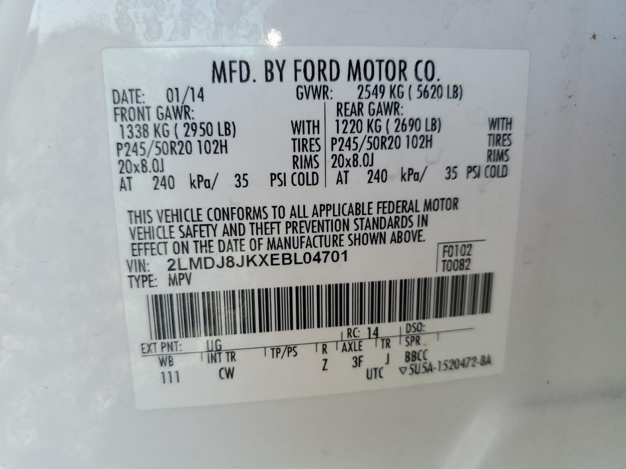 2014 Lincoln Mkx VIN: 2LMDJ8JKXEBL04701 Lot: 54746585