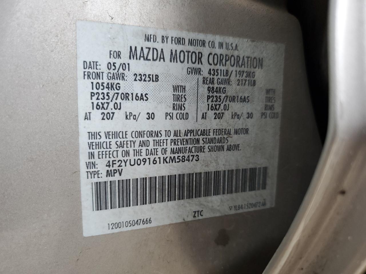 2001 Mazda Tribute Lx VIN: 4F2YU09161KM58473 Lot: 54900515