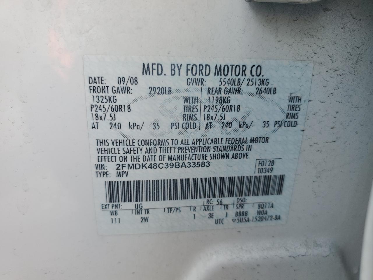 2009 Ford Edge Sel VIN: 2FMDK48C39BA33583 Lot: 55258505