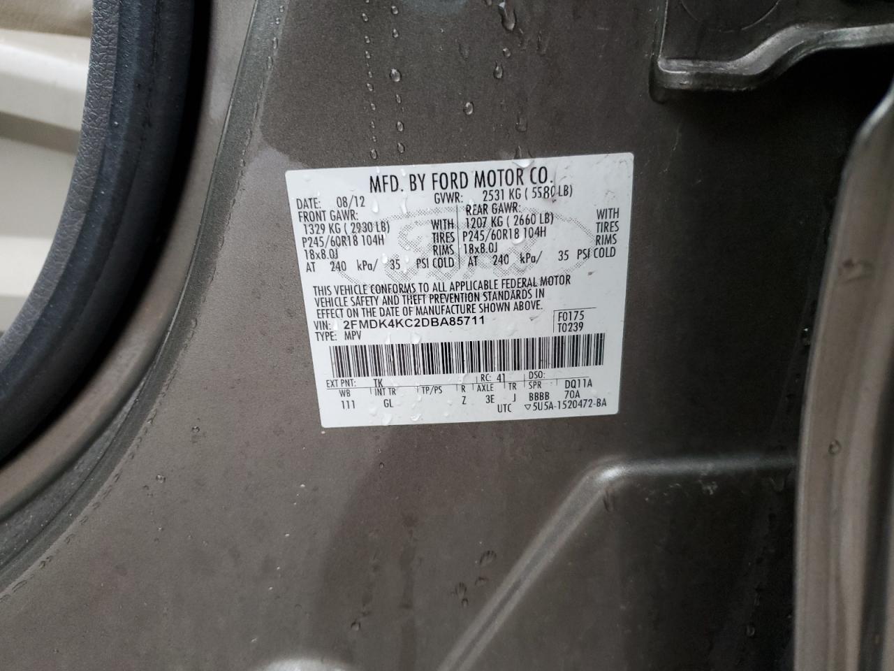 2013 Ford Edge Limited VIN: 2FMDK4KC2DBA85711 Lot: 94977475