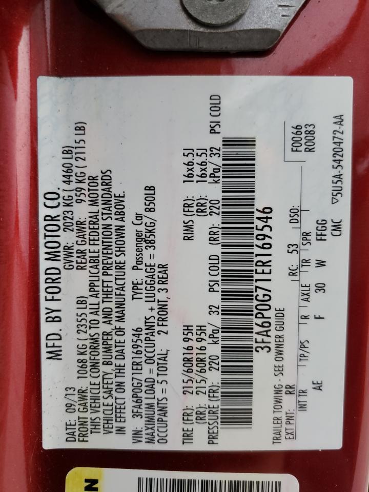 2014 Ford Fusion S VIN: 3FA6P0G71ER169546 Lot: 53525195