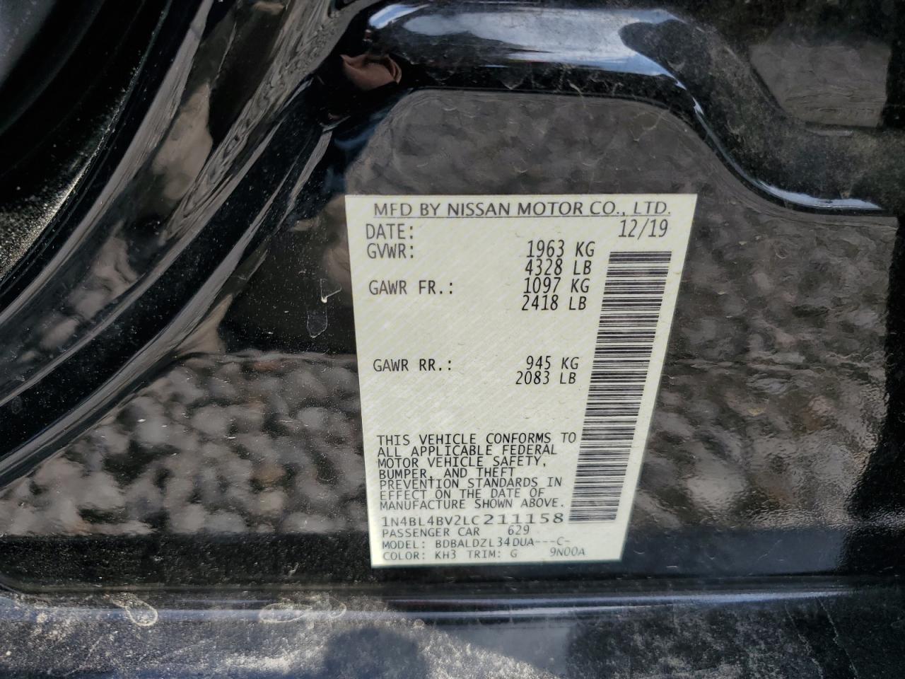 2020 Nissan Altima S VIN: 1N4BL4BV2LC211158 Lot: 55033855