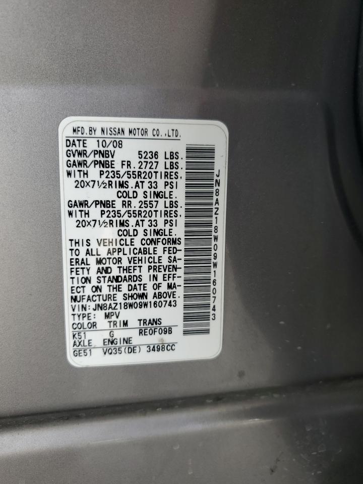 2009 Nissan Murano S VIN: JN8AZ18W09W160743 Lot: 54274025