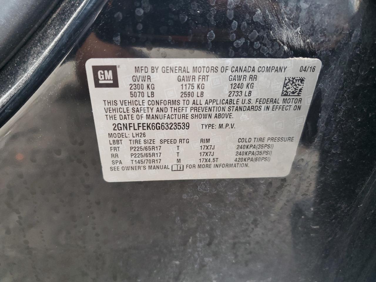 2016 Chevrolet Equinox Lt VIN: 2GNFLFEK6G6323539 Lot: 52776035