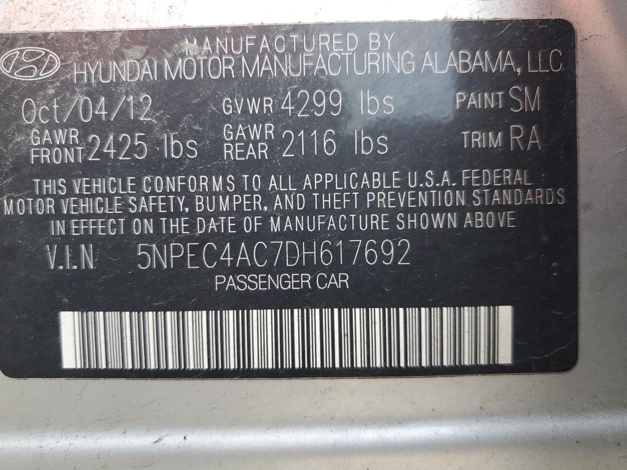 2013 Hyundai Sonata Se VIN: 5NPEC4AC7DH617692 Lot: 68806555