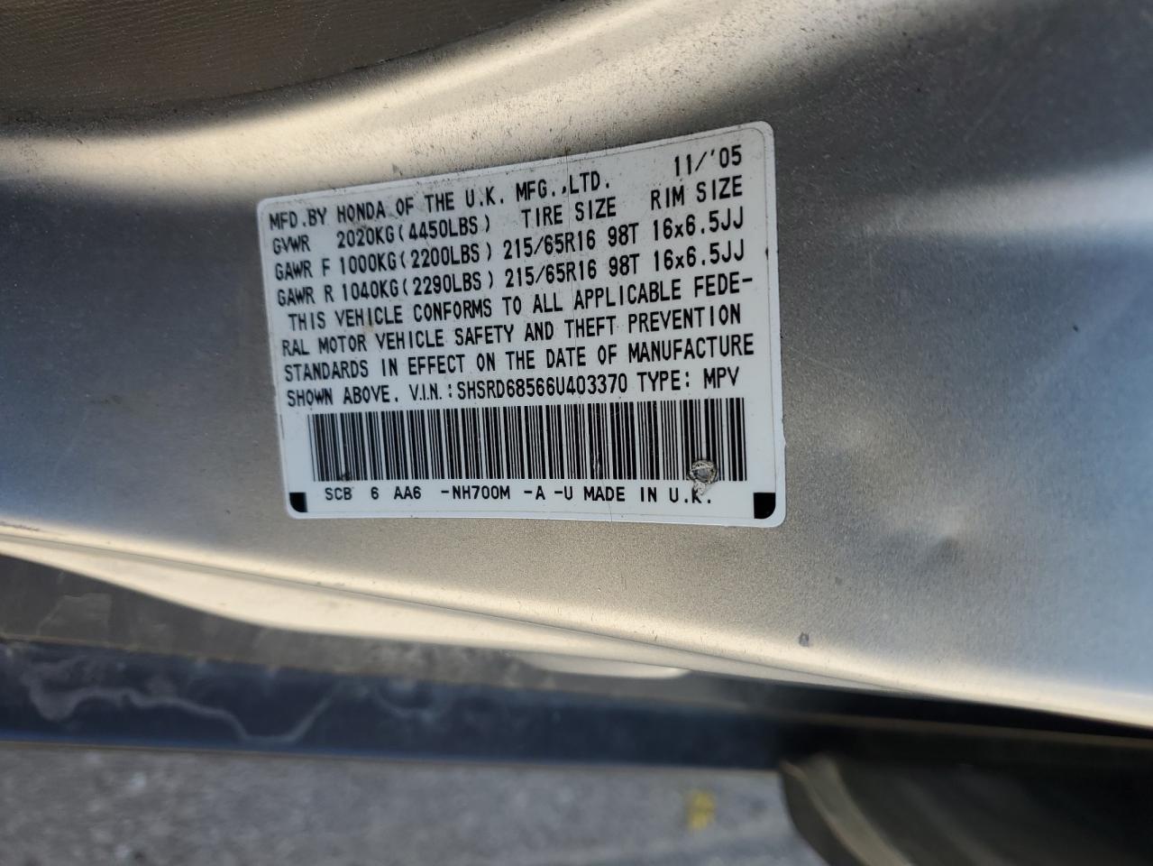 2006 Honda Cr-V Lx VIN: SHSRD68566U403370 Lot: 54401185