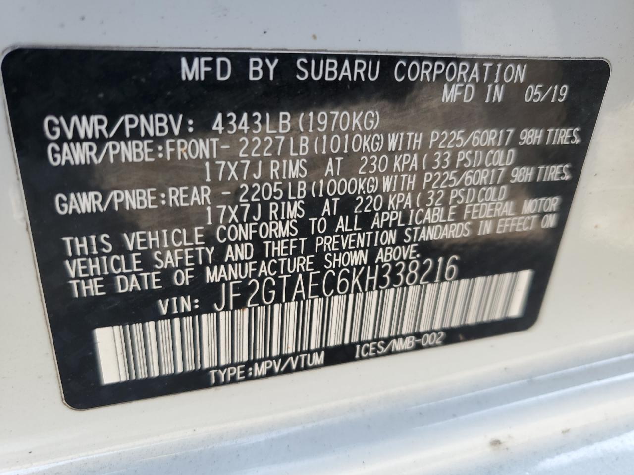 2019 Subaru Crosstrek Premium VIN: JF2GTAEC6KH338216 Lot: 53206285