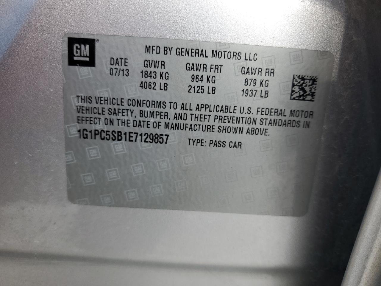 2014 Chevrolet Cruze Lt VIN: 1G1PC5SB1E7129857 Lot: 53573545