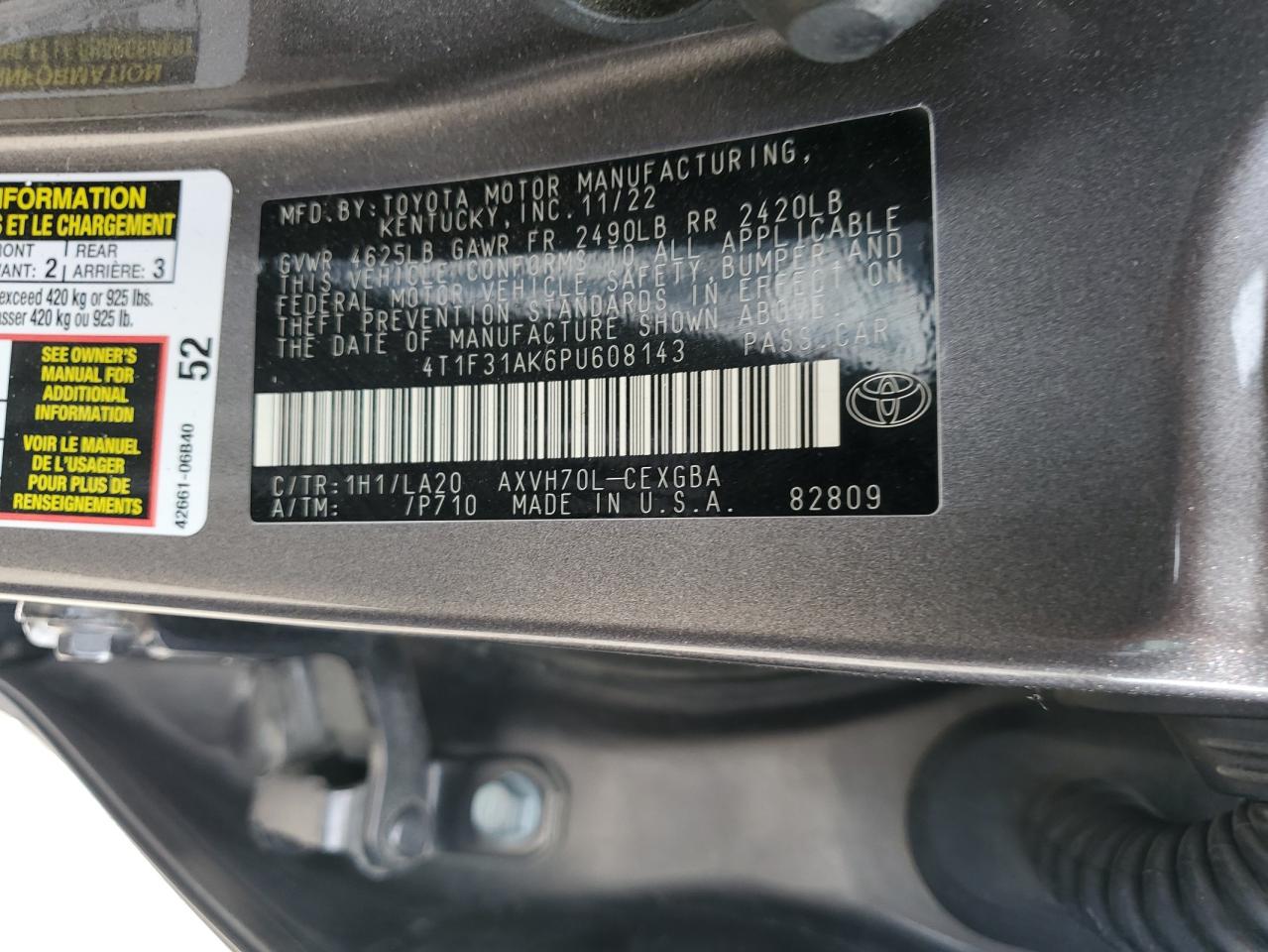 2023 Toyota Camry Xle VIN: 4T1F31AK6PU608143 Lot: 55020445
