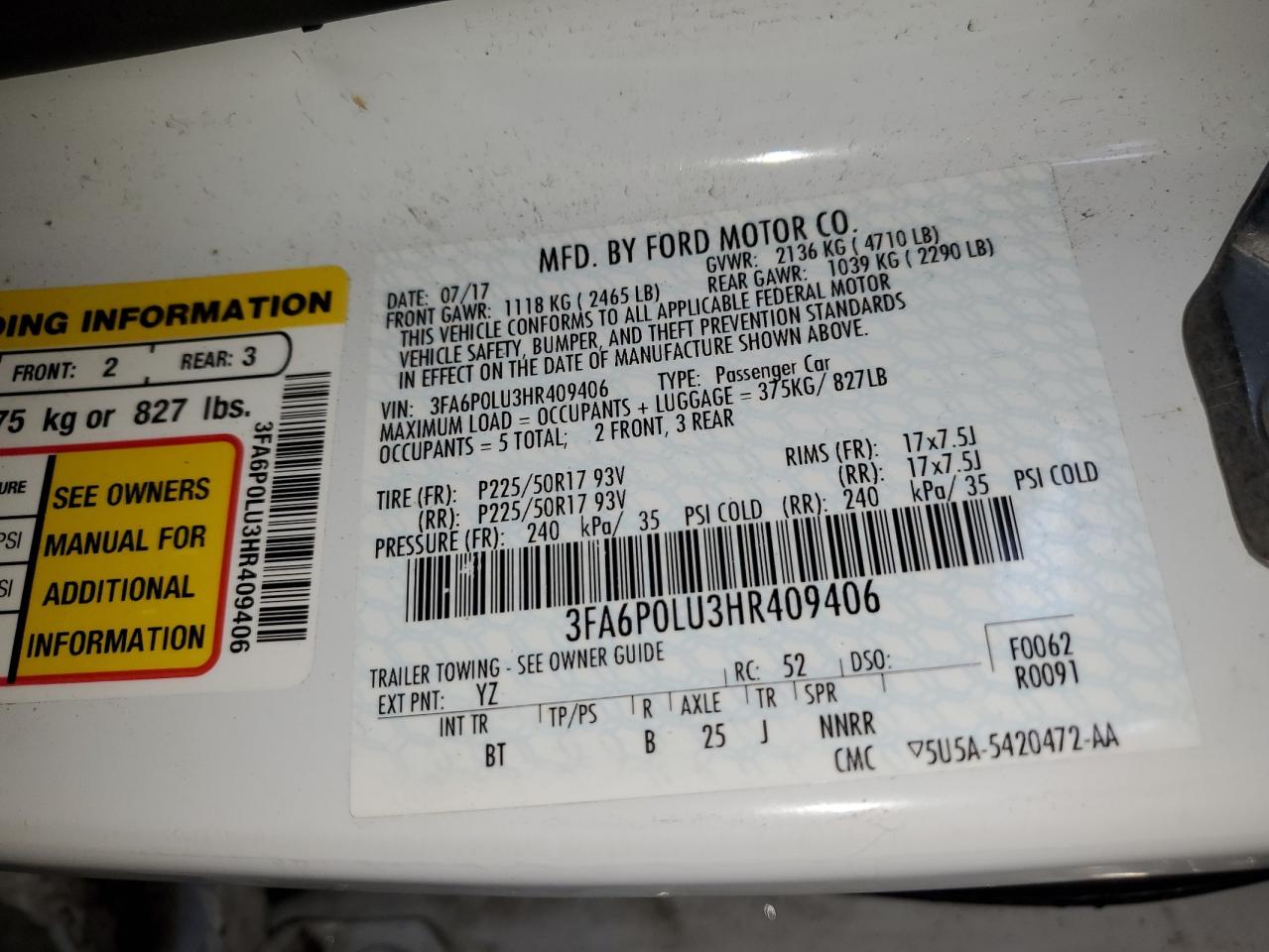 2017 Ford Fusion Se Hybrid VIN: 3FA6P0LU3HR409406 Lot: 51785975