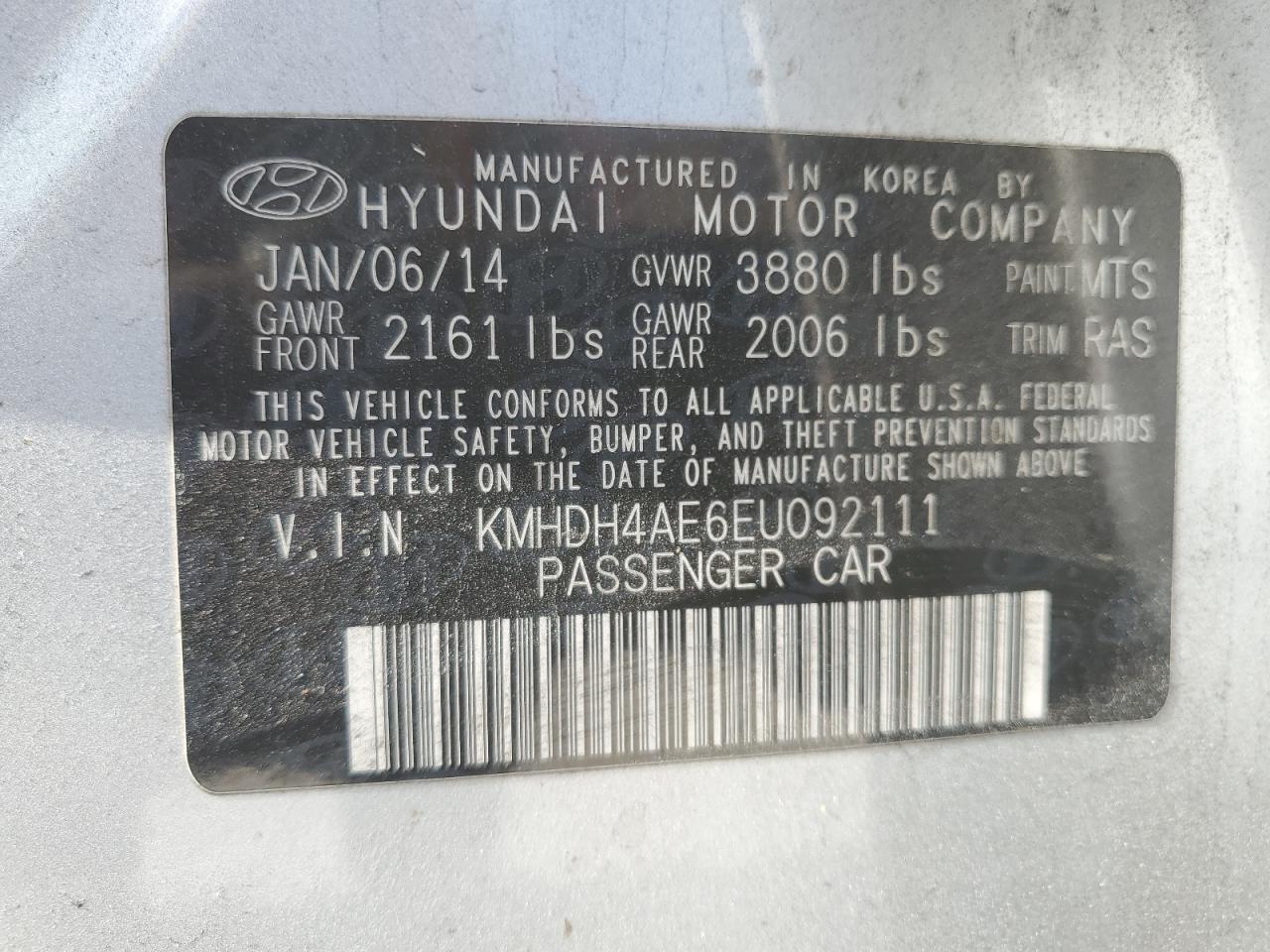2014 Hyundai Elantra Se VIN: KMHDH4AE6EU092111 Lot: 54736425