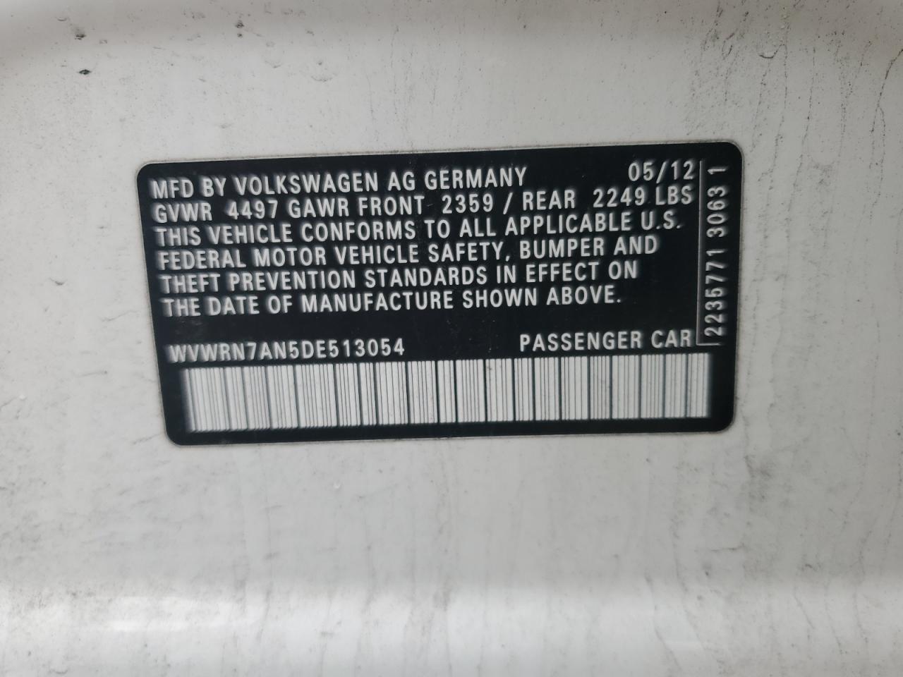 2013 Volkswagen Cc Luxury VIN: WVWRN7AN5DE513054 Lot: 50998605