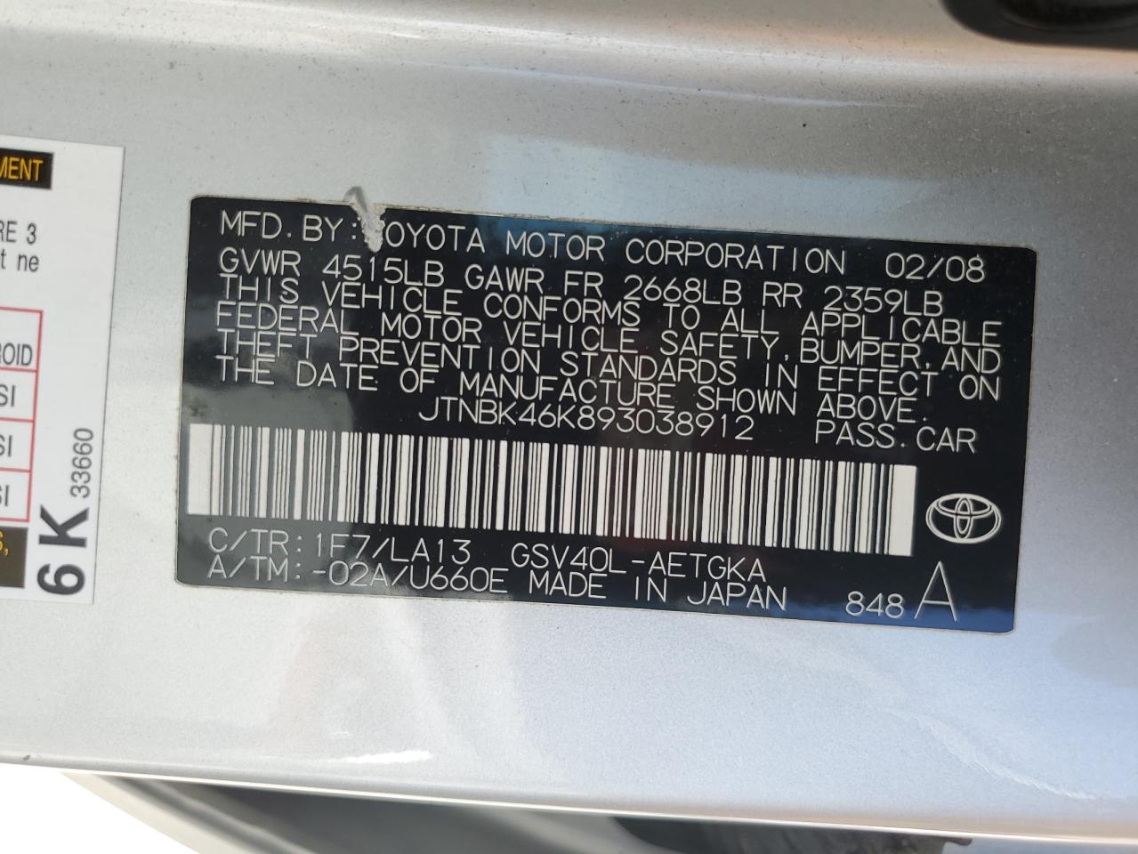 2009 Toyota Camry Se VIN: JTNBK46K893038912 Lot: 52738625