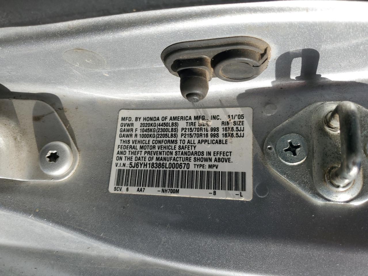 2006 Honda Element Lx VIN: 5J6YH18386L000670 Lot: 54375055