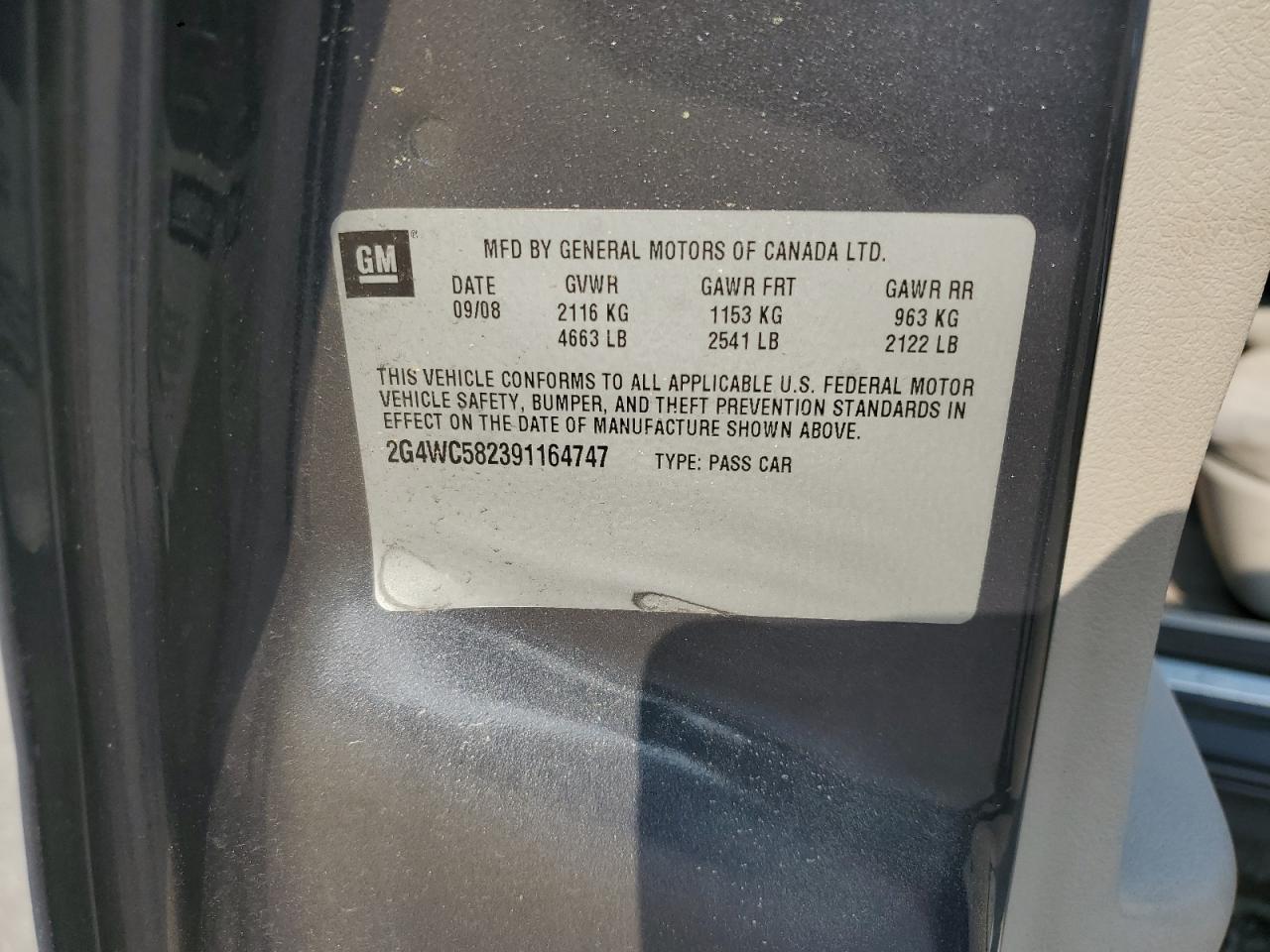 2009 Buick Lacrosse Cx VIN: 2G4WC582391164747 Lot: 53473285