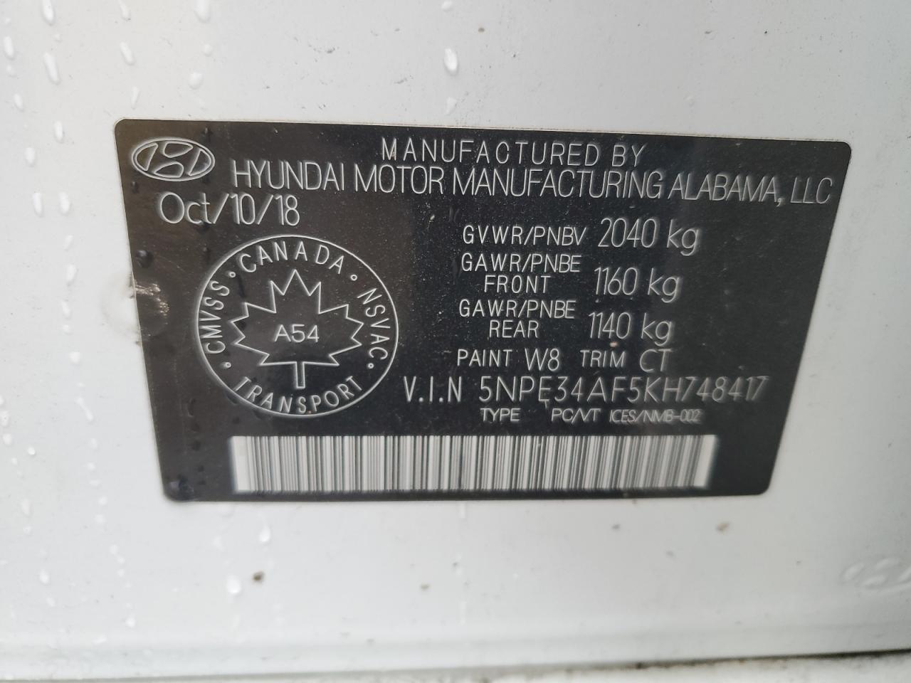 2019 Hyundai Sonata Limited VIN: 5NPE34AF5KH748417 Lot: 51497885