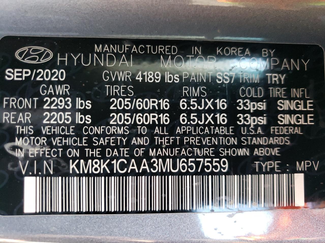 2021 Hyundai Kona Se VIN: KM8K1CAA3MU657559 Lot: 55162385