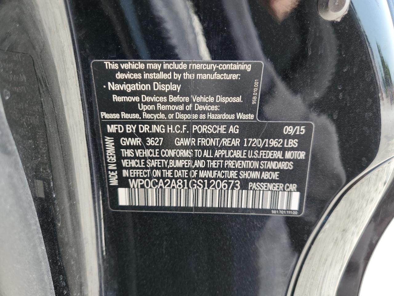 2016 Porsche Boxster VIN: WP0CA2A81GS120673 Lot: 52178365