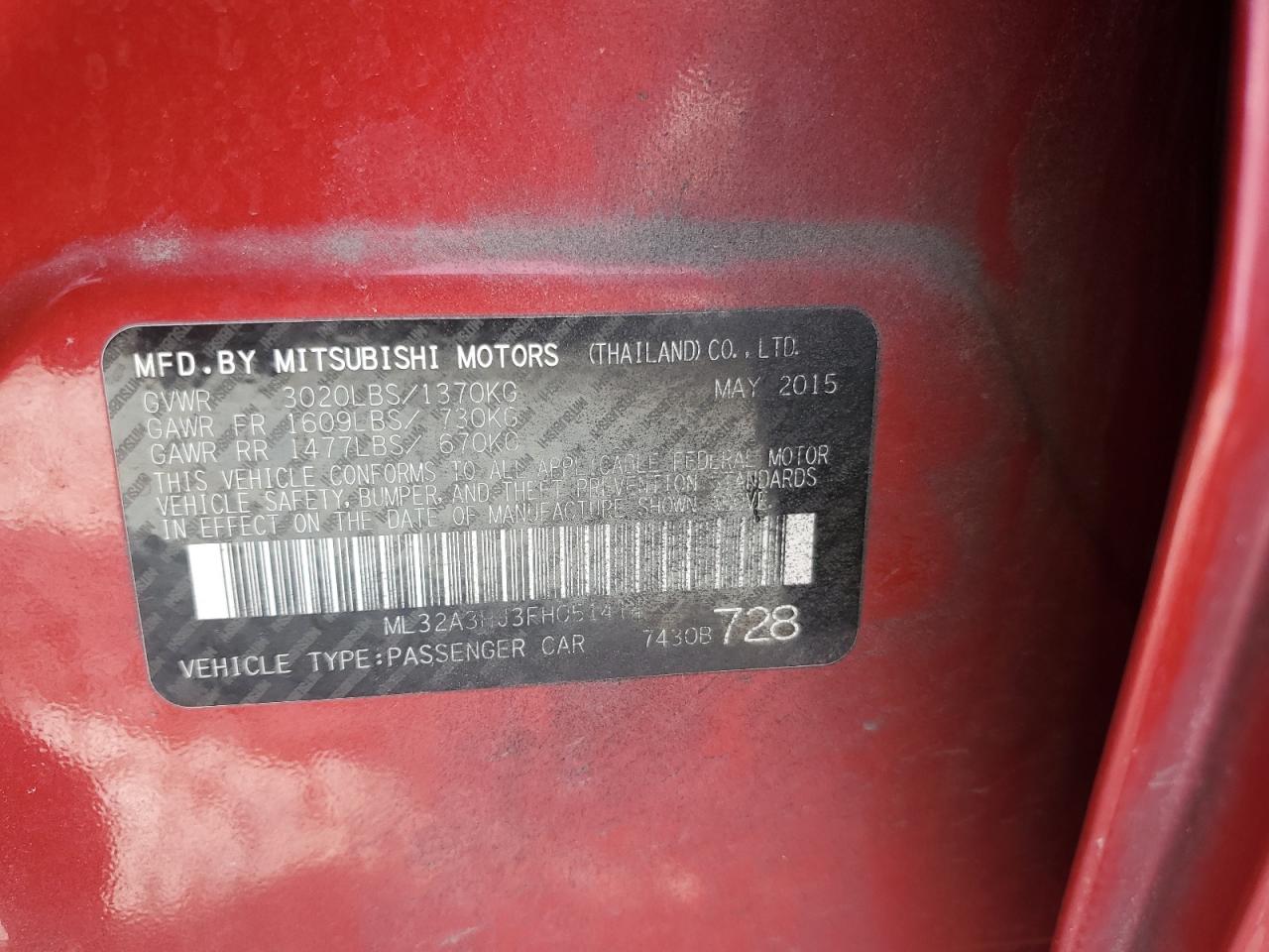 2015 Mitsubishi Mirage De VIN: ML32A3HJ3FH051414 Lot: 54095325