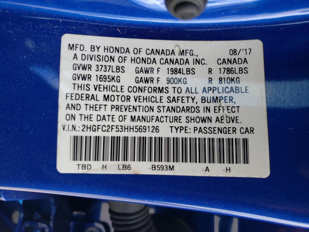 2017 Honda Civic Lx VIN: 2HGFC2F53HH569126 Lot: 51549835