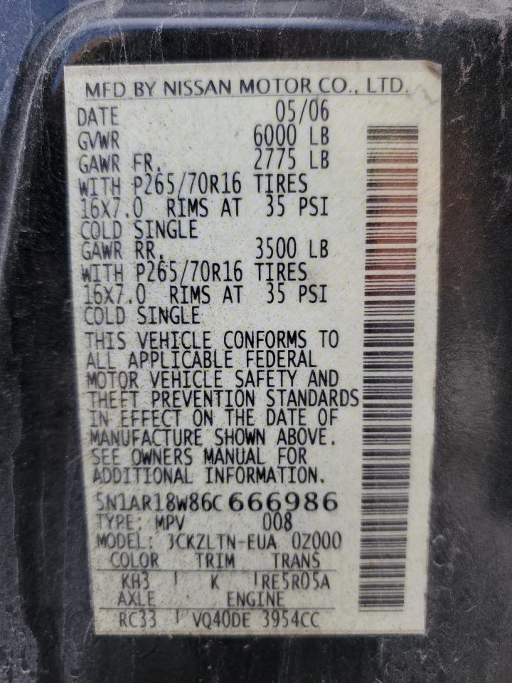 2006 Nissan Pathfinder Le VIN: 5N1AR18W86C666986 Lot: 52340425