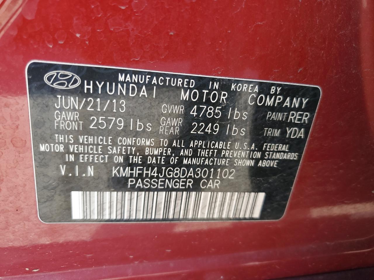 2013 Hyundai Azera Gls VIN: KMHFH4JG8DA301102 Lot: 54299505