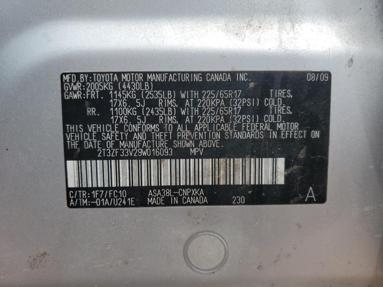 2009 Toyota Rav4 VIN: 2T3ZF33V29W016093 Lot: 55246885