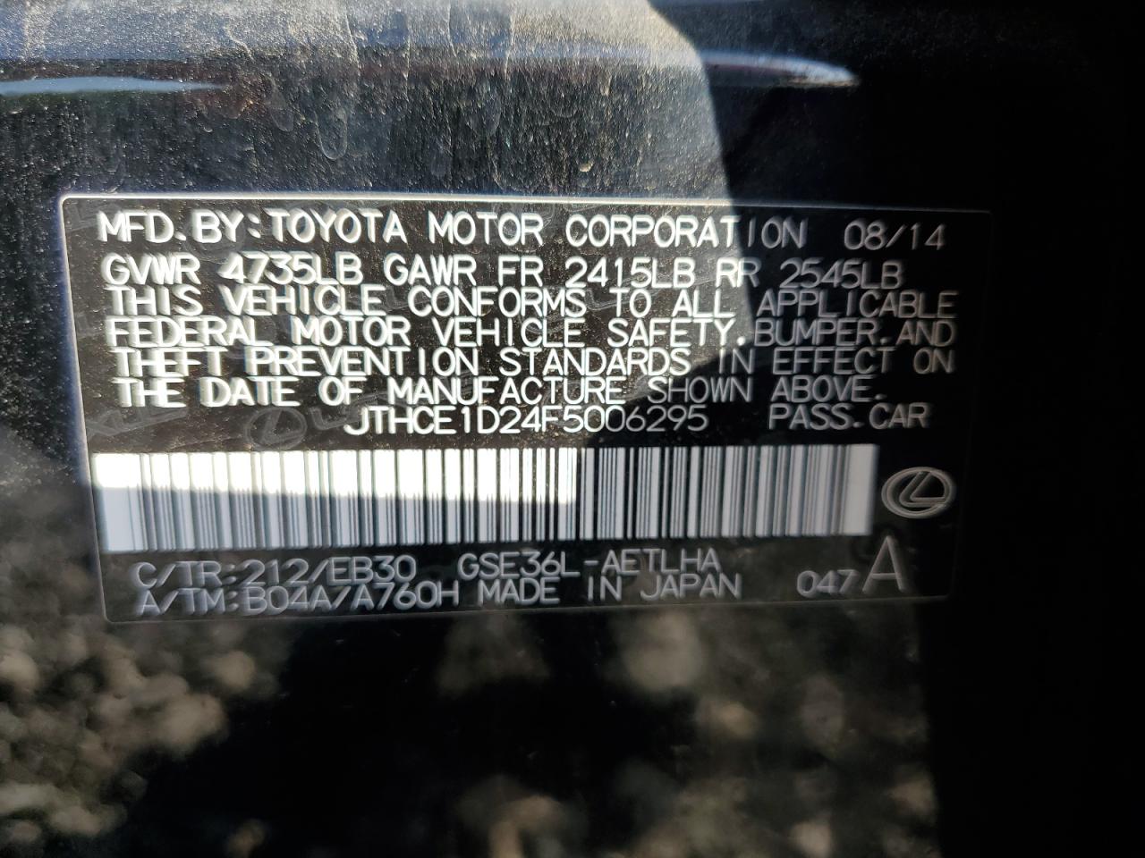 2015 Lexus Is 350 VIN: JTHCE1D24F5006295 Lot: 54230465