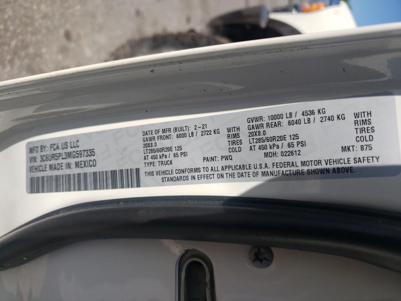 2021 Ram 2500 Longhorn VIN: 3C6UR5PL3MG597335 Lot: 54699025