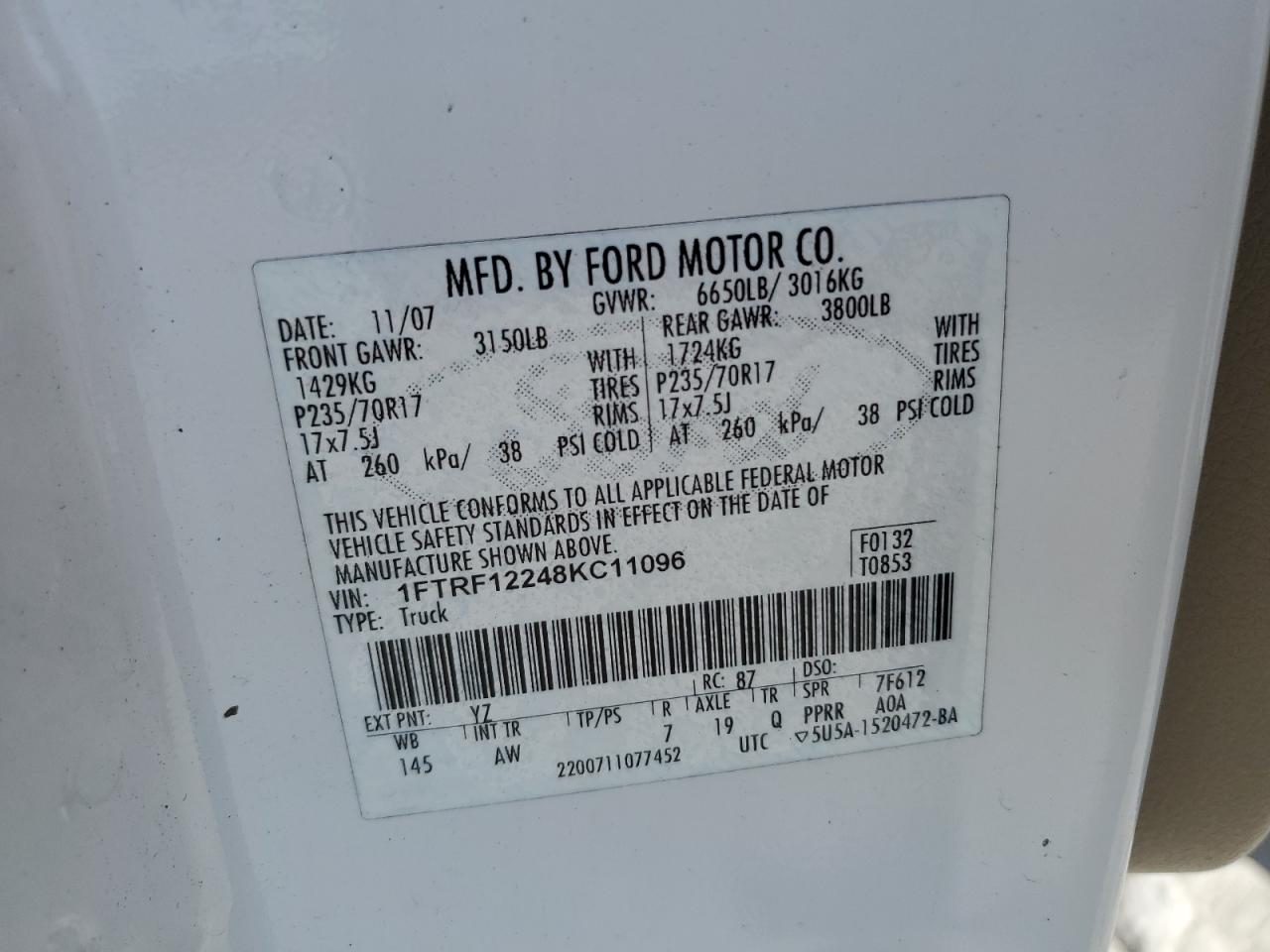 2008 Ford F150 VIN: 1FTRF12248KC11096 Lot: 53727445