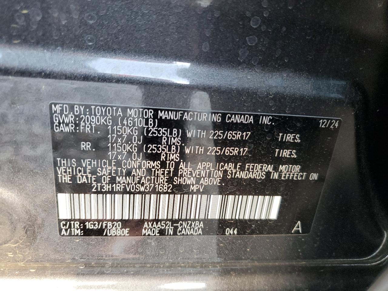 2025 Toyota Rav4 Le VIN: 2T3H1RFV0SW371682 Lot: 52872315