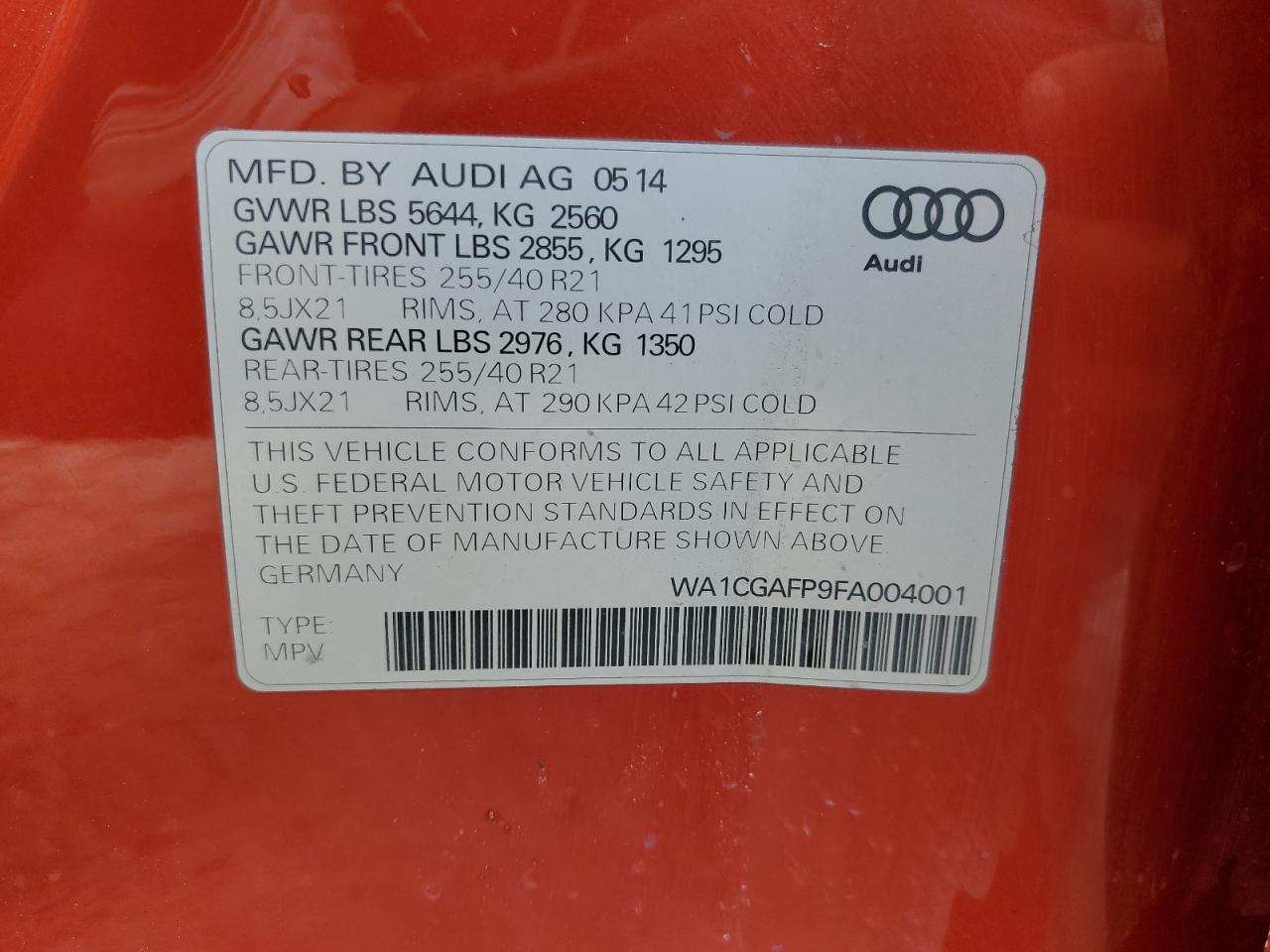 2015 Audi Sq5 Premium Plus VIN: WA1CGAFP9FA004001 Lot: 54164315
