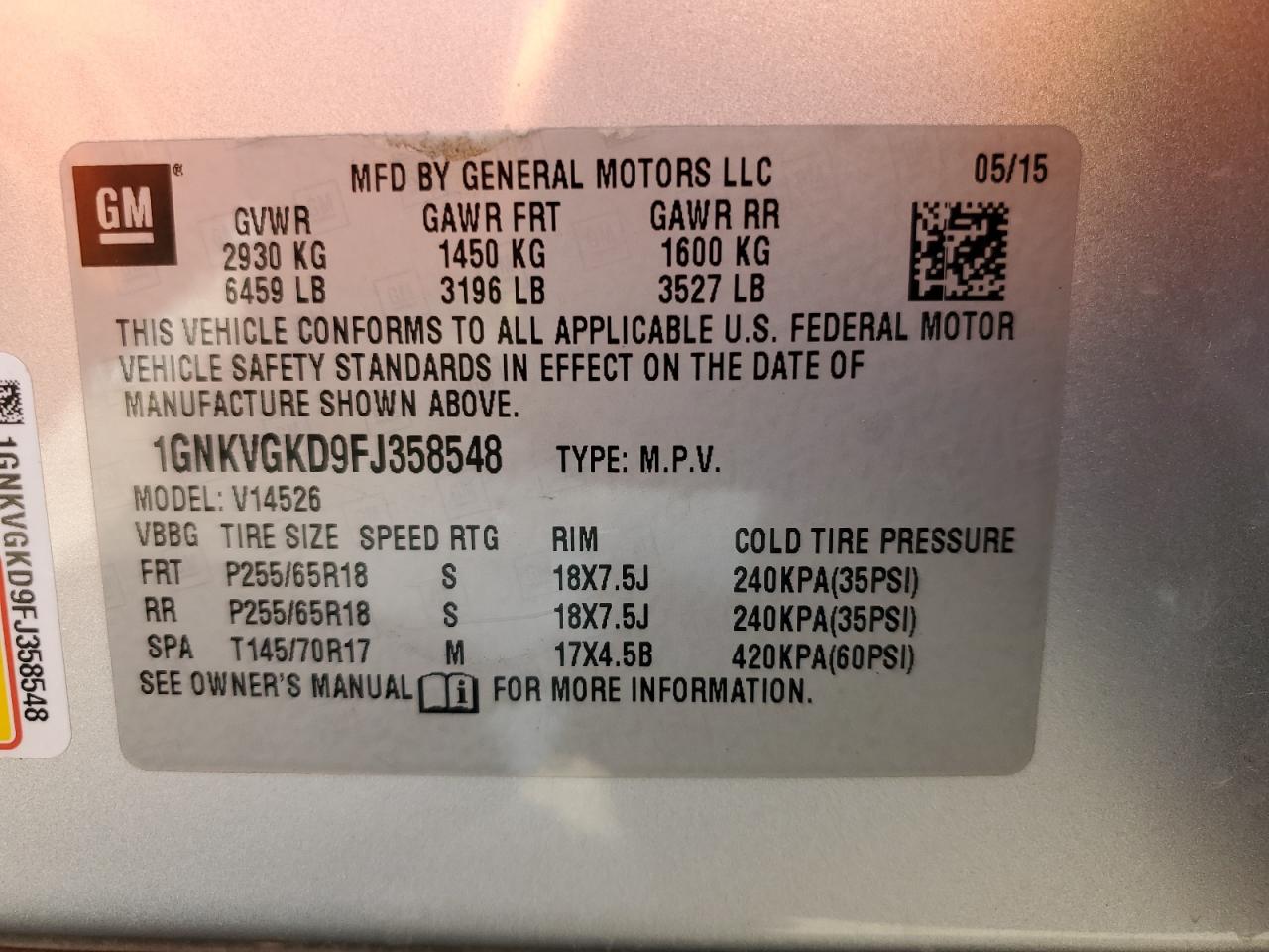 2015 Chevrolet Traverse Lt VIN: 1GNKVGKD9FJ358548 Lot: 53575005