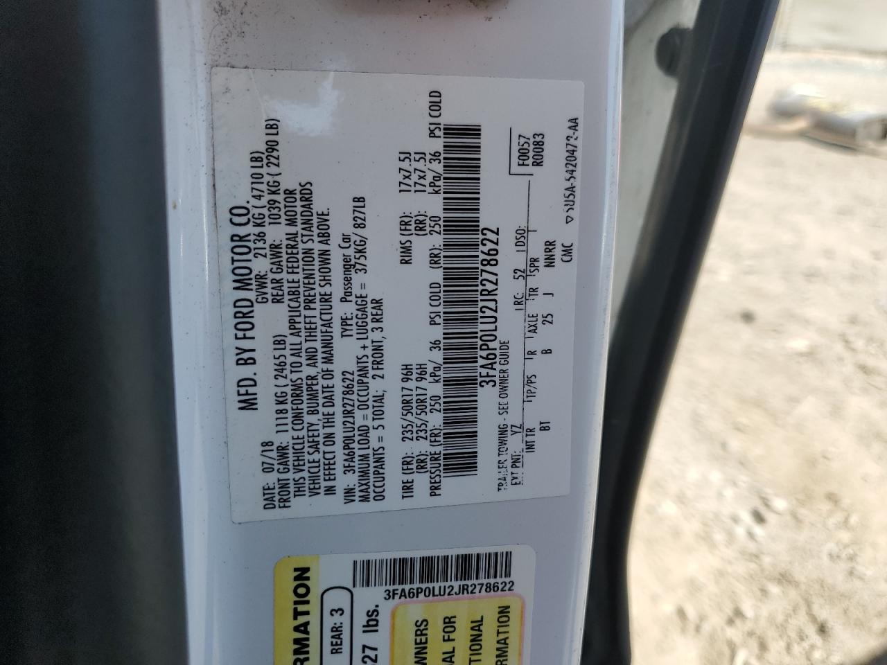 2018 Ford Fusion Se Hybrid VIN: 3FA6P0LU2JR278622 Lot: 54040595