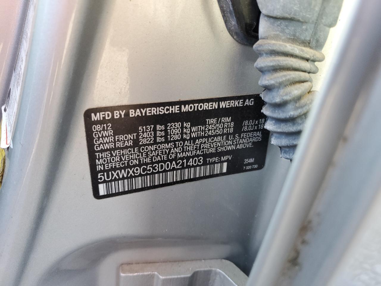 2013 BMW X3 xDrive28I VIN: 5UXWX9C53D0A21403 Lot: 53545535