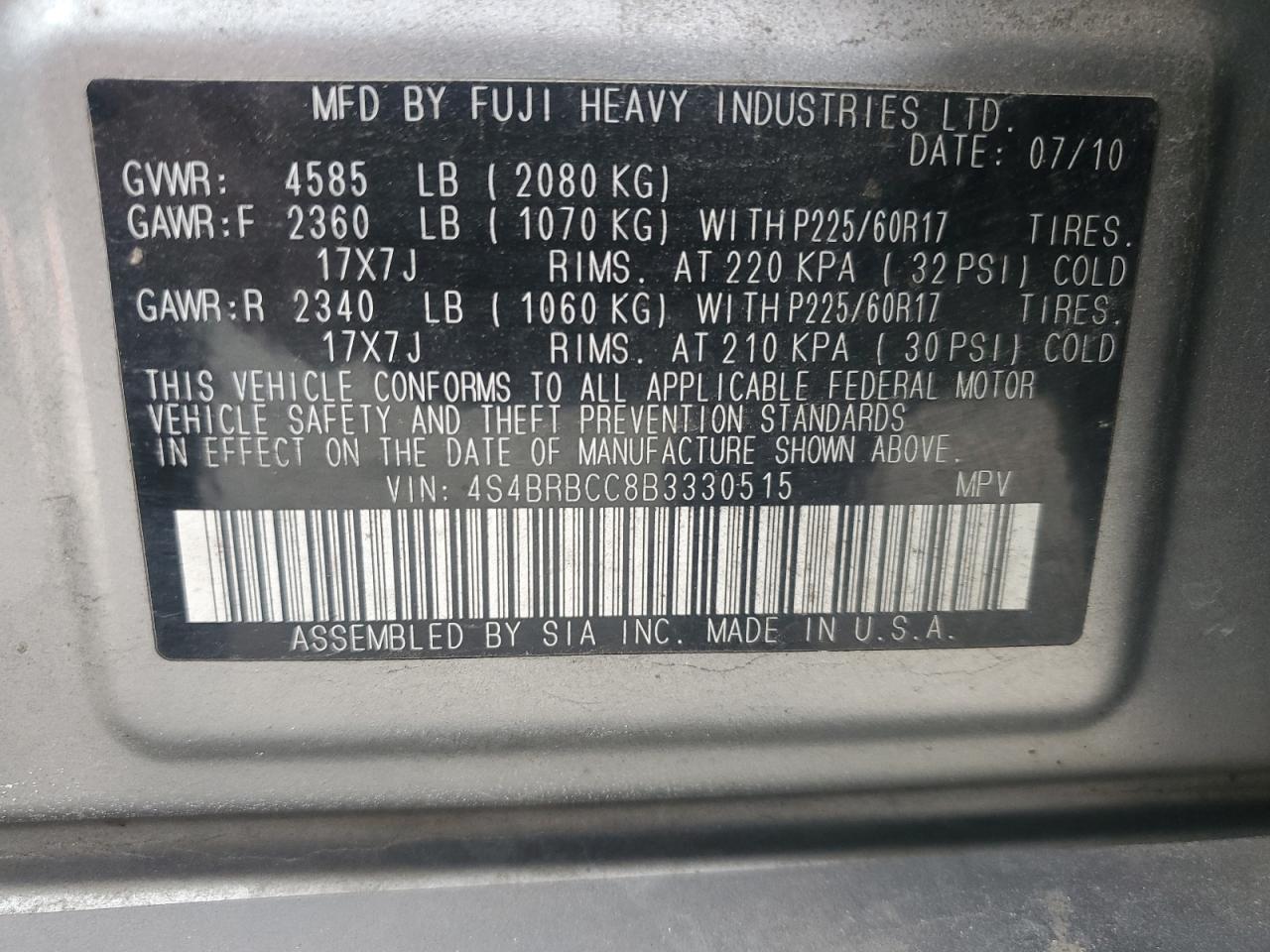 2011 Subaru Outback 2.5I Premium VIN: 4S4BRBCC8B3330515 Lot: 54885955