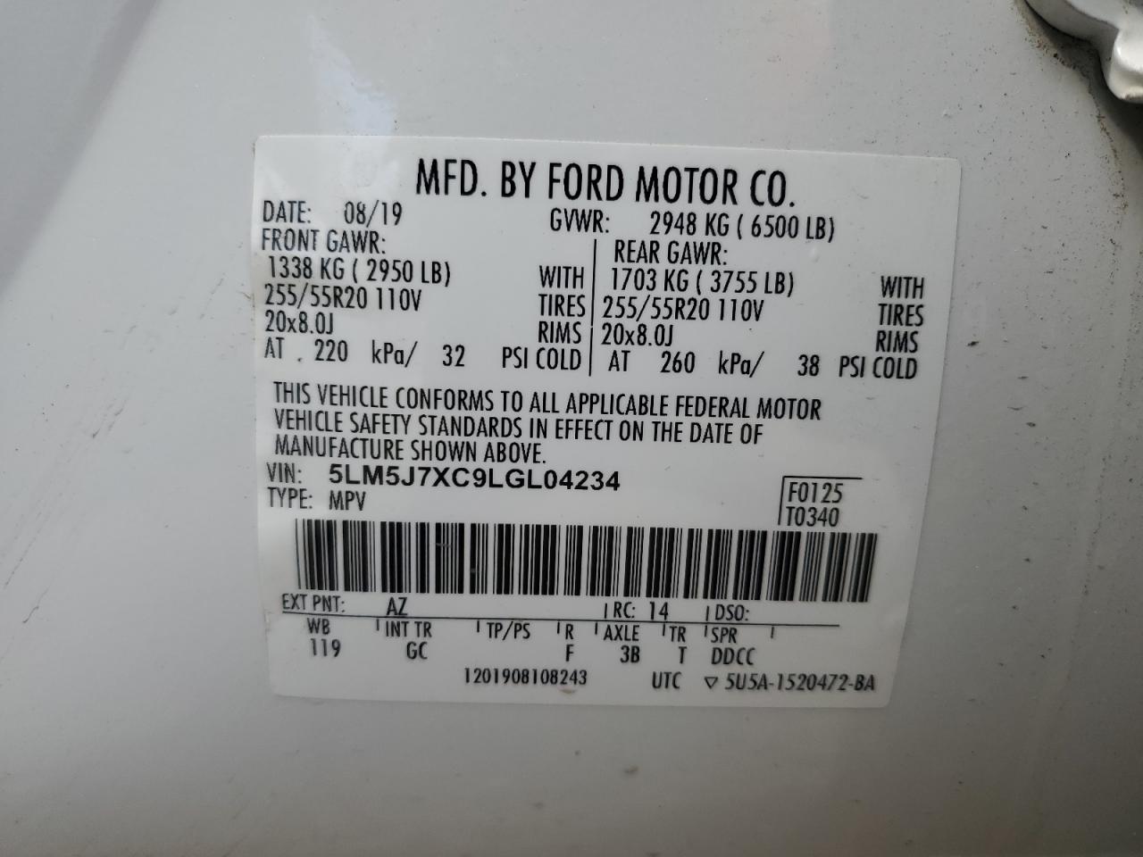 2020 Lincoln Aviator Reserve VIN: 5LM5J7XC9LGL04234 Lot: 54128545