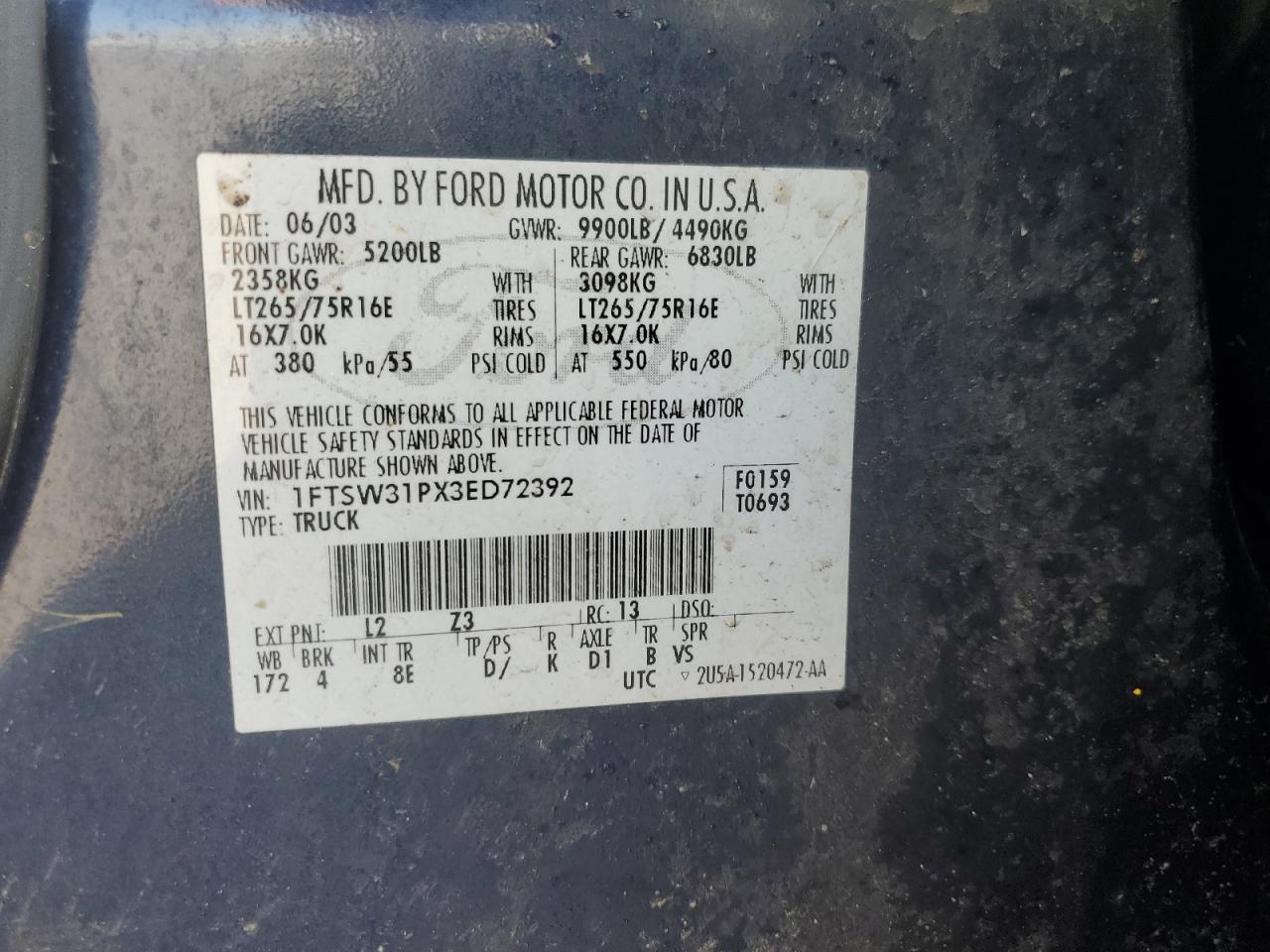 2003 Ford F350 Srw Super Duty VIN: 1FTSW31PX3ED72392 Lot: 62380255