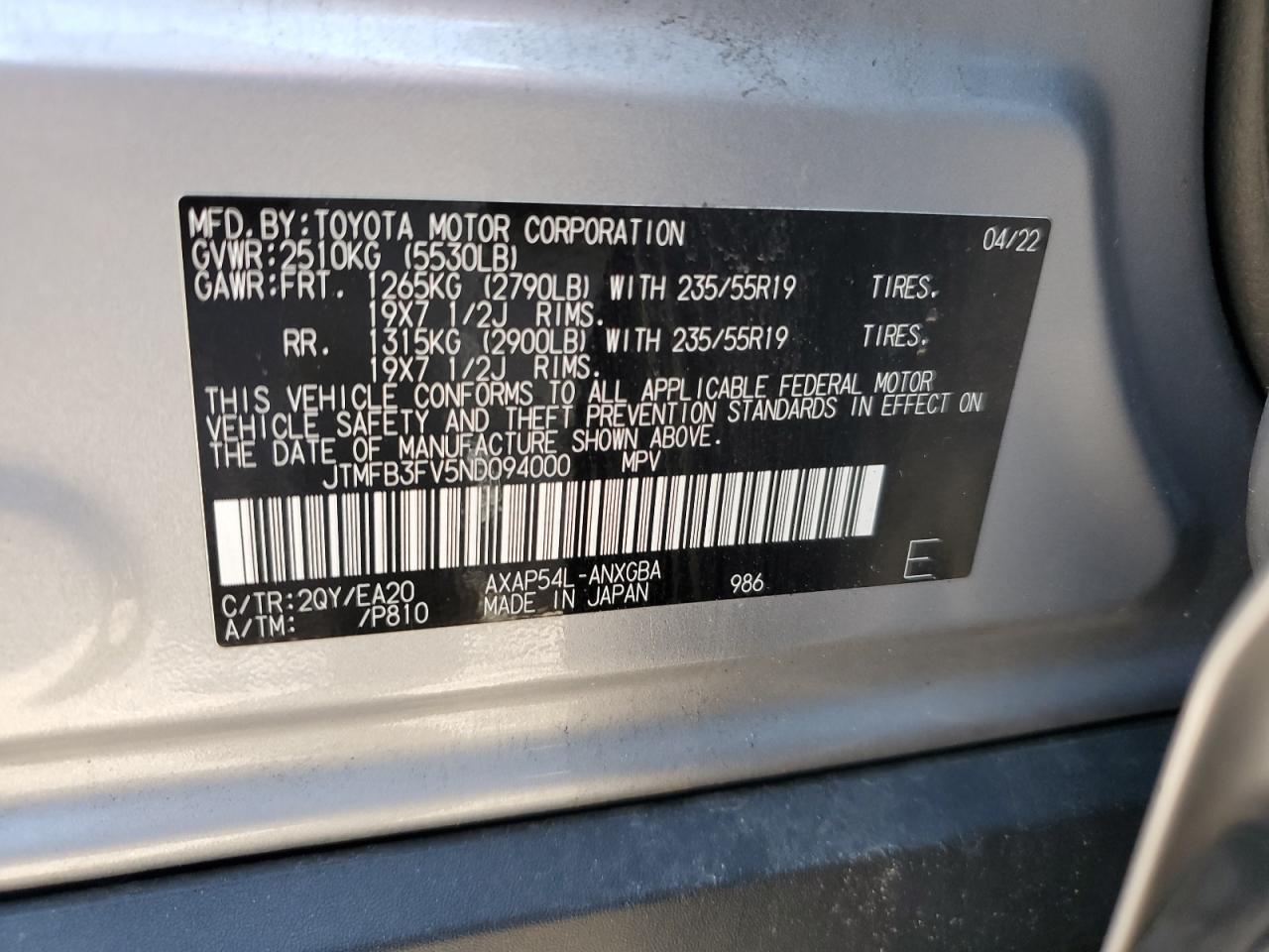 2022 Toyota Rav4 Prime Xse VIN: JTMFB3FV5ND094000 Lot: 55042395
