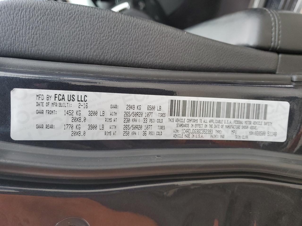 1c4rdjdg3gc352393 1C4RDJDG3GC352393 2016 Dodge Durango Limited