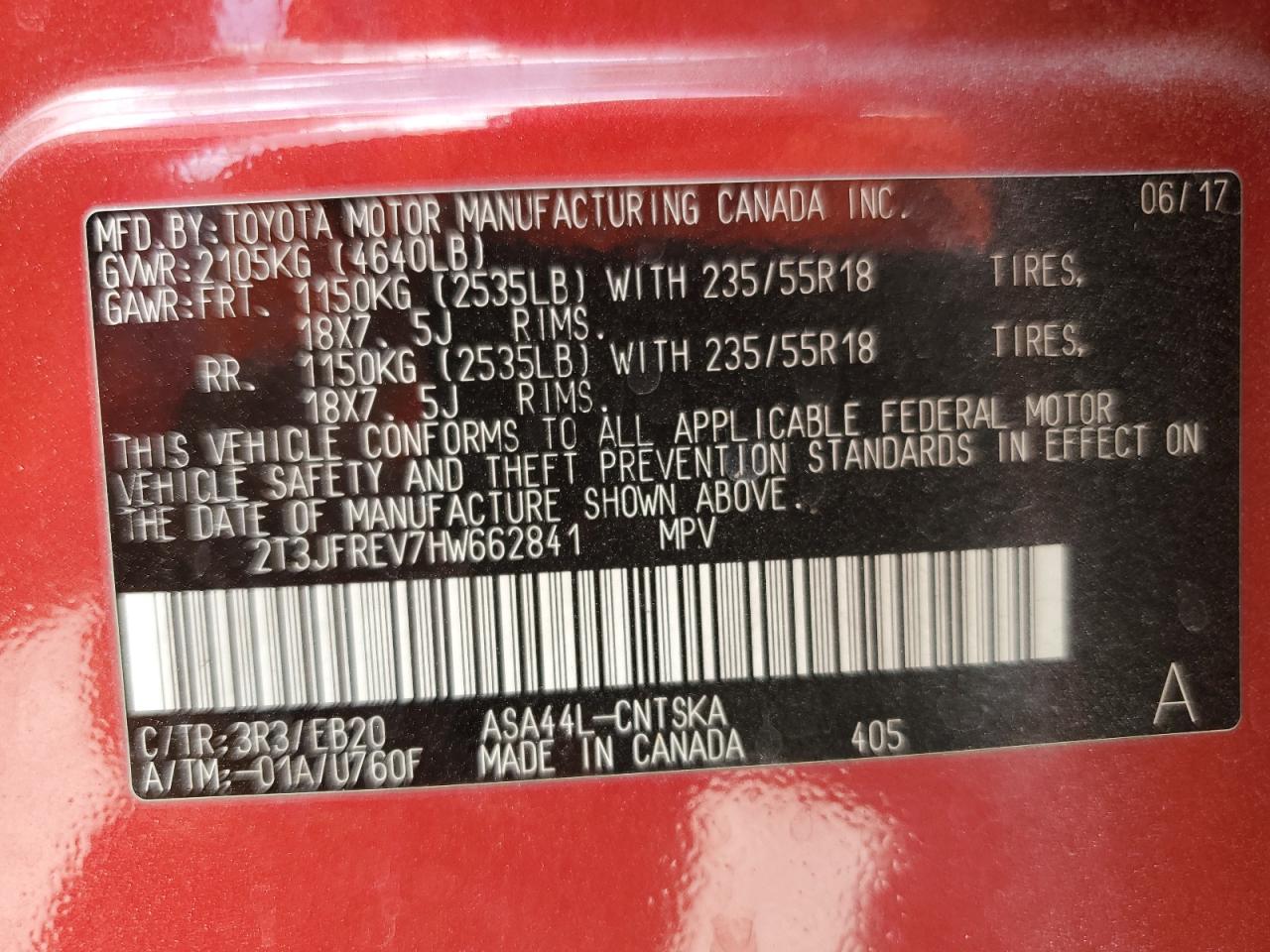 2T3JFREV7HW662841 2017 Toyota Rav4 Se