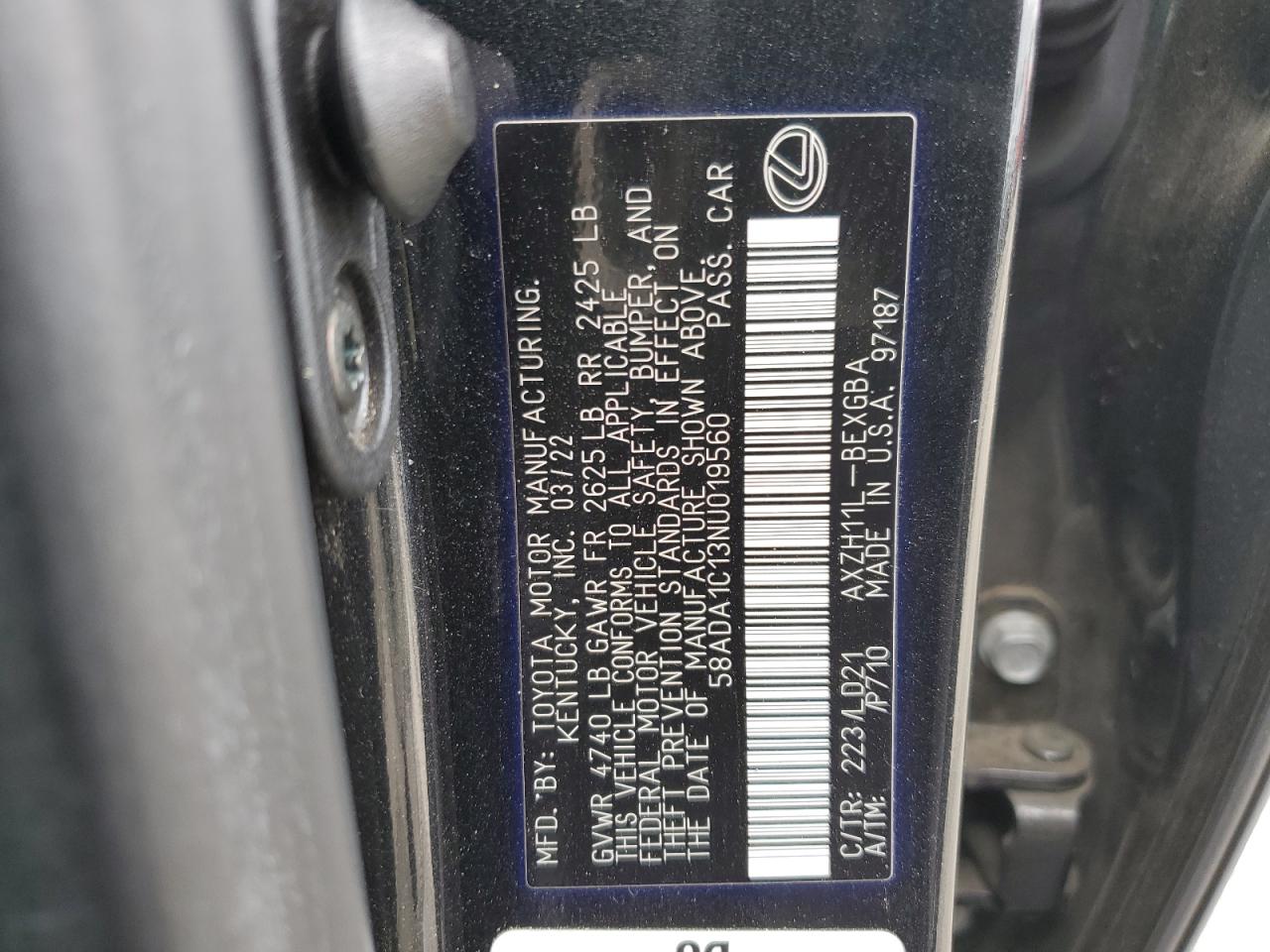 2022 Lexus Es 300H Base VIN: 58ADA1C13NU019560 Lot: 53808745