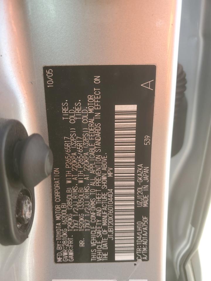 2006 Lexus Gx 470 VIN: JTJBT20X760104404 Lot: 53731715