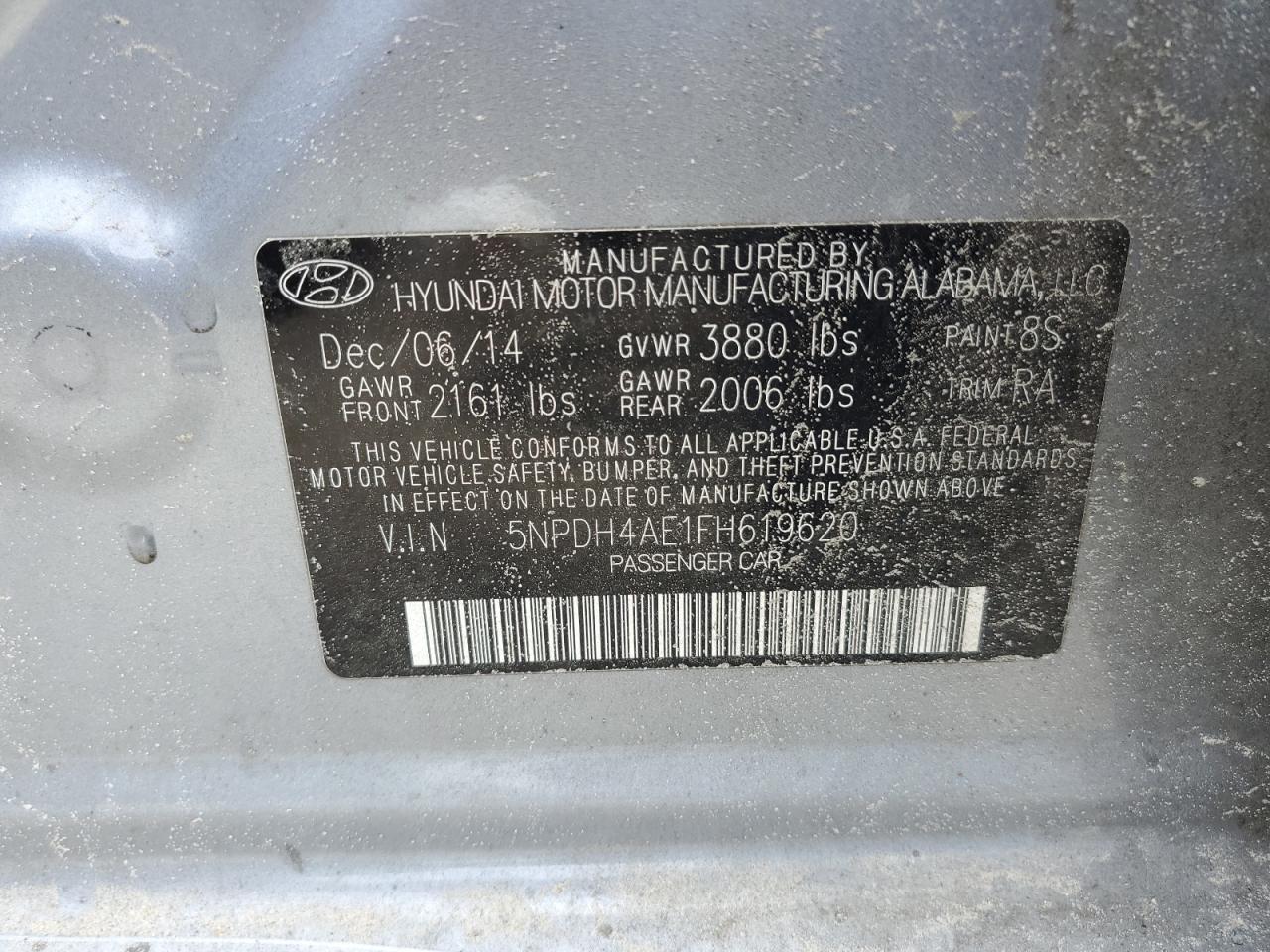 2015 Hyundai Elantra Se VIN: 5NPDH4AE1FH619620 Lot: 51833845