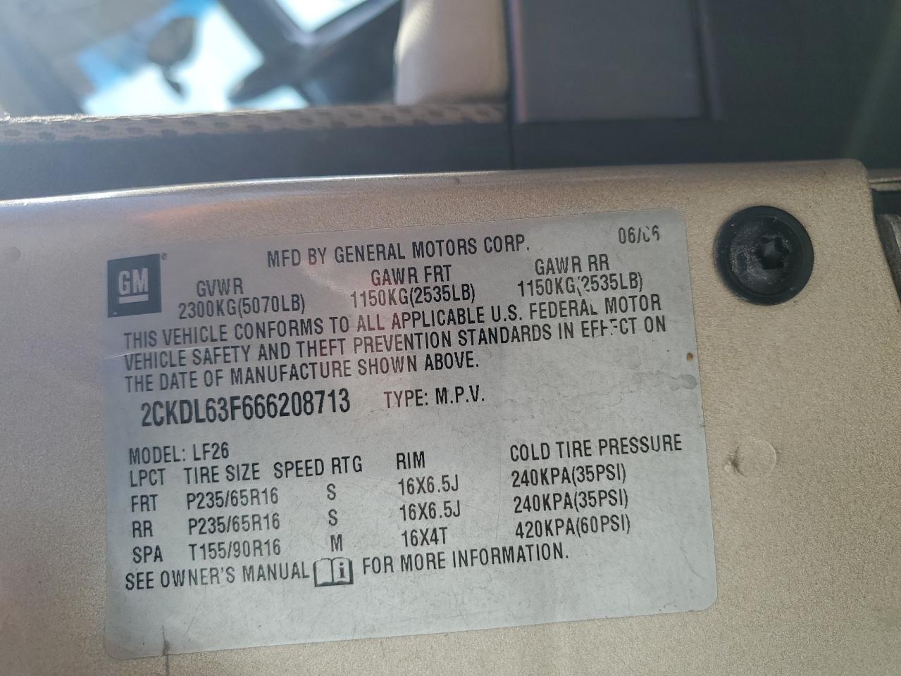 2006 Pontiac Torrent VIN: 2CKDL63F666208713 Lot: 54396815