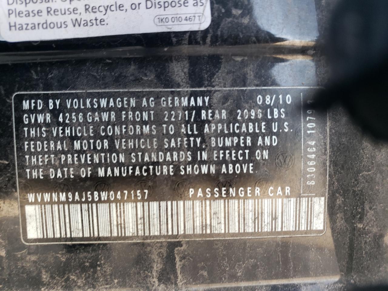 2011 Volkswagen Golf VIN: WVWNM9AJ5BW047157 Lot: 50943485