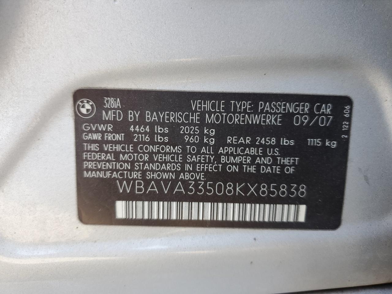 2008 BMW 328 I VIN: WBAVA33508KX85838 Lot: 52621395
