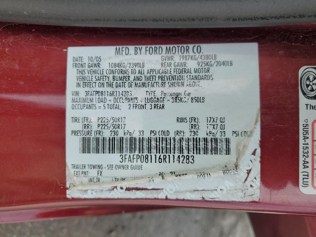 2006 Ford Fusion Sel VIN: 3FAFP08116R114283 Lot: 54965435