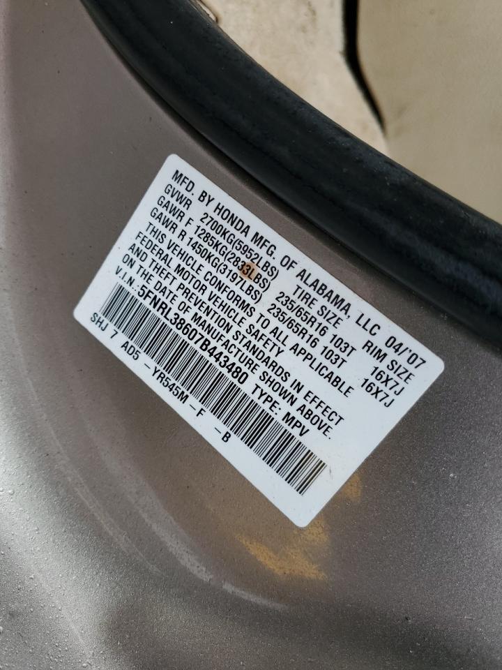 2007 Honda Odyssey Exl VIN: 5FNRL38607B443480 Lot: 51080705