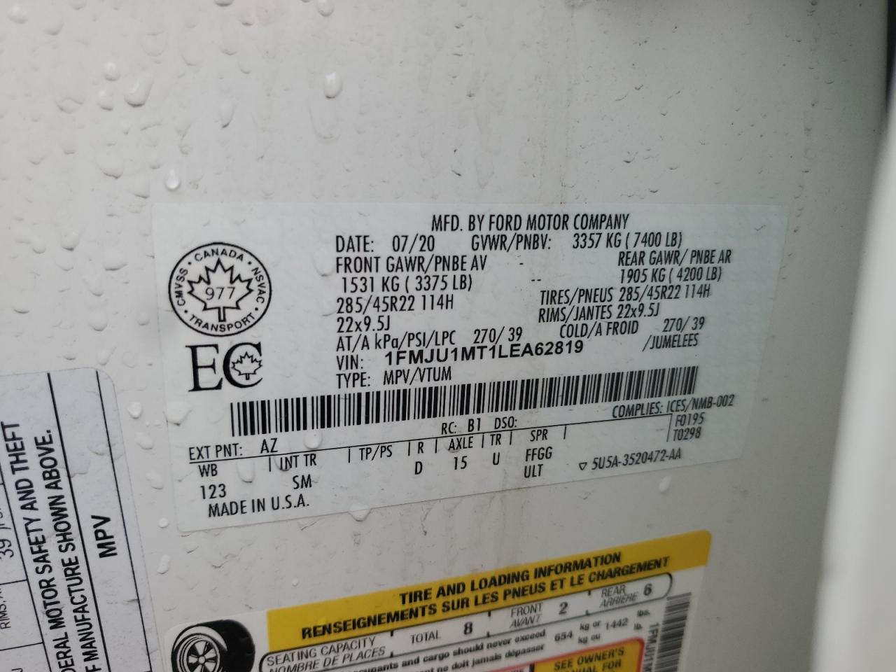 2020 Ford Expedition Platinum VIN: 1FMJU1MT1LEA62819 Lot: 53682505